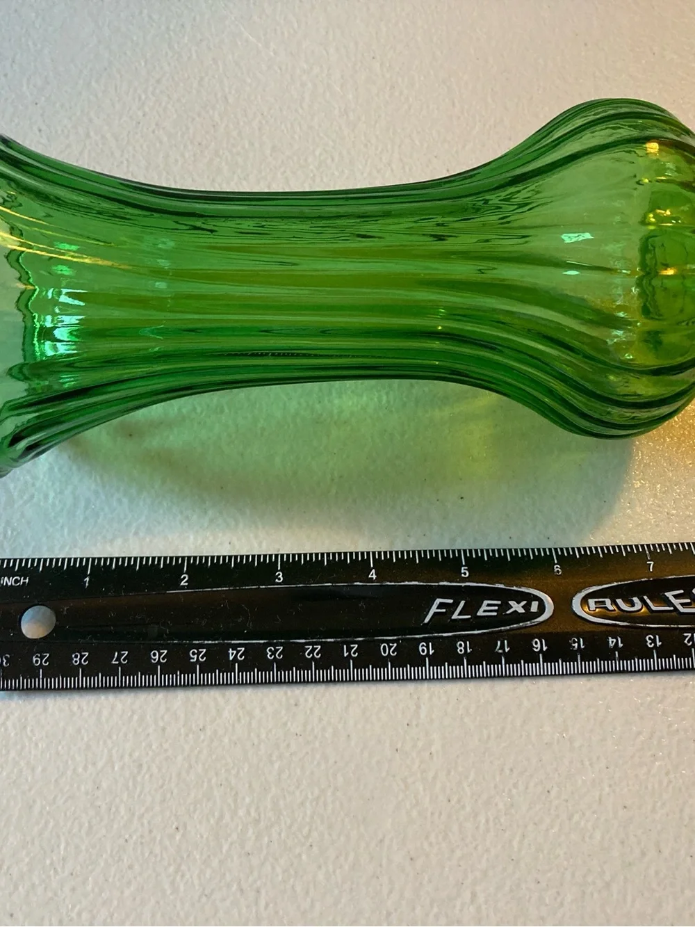Green Glass Ribbed Hoosier Vase Textured Decorative 7.5” Tall 3.5” Diameter